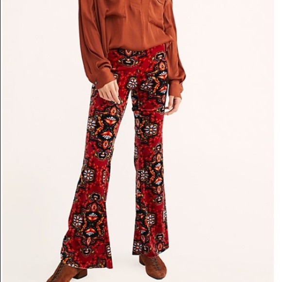 Free People Pants - Free People Emilia Red Velvet Printed Flares